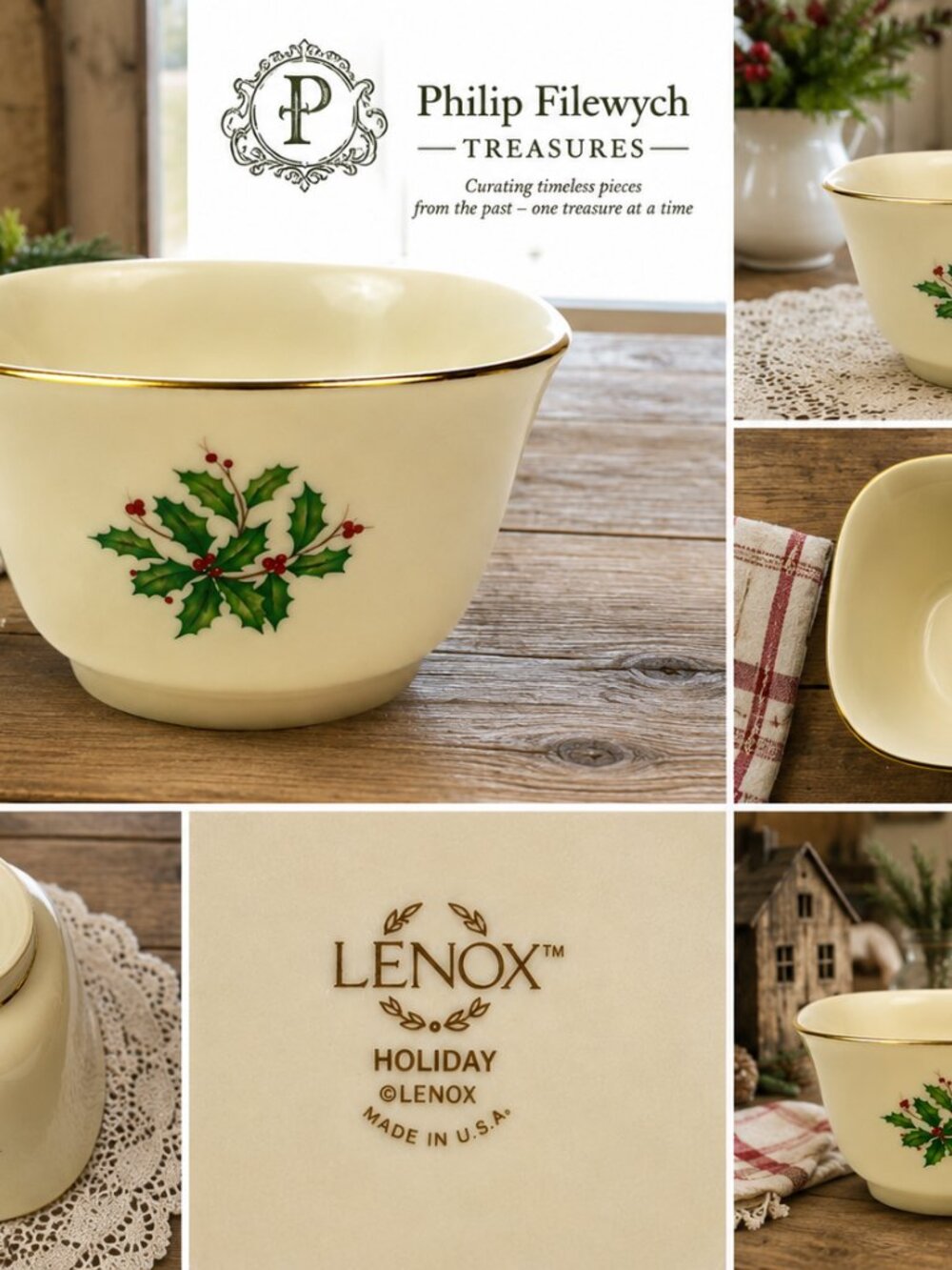 LHPB-01-Lenox Holiday Gold Rim Christmas Bowl Ivory Porcelain USA